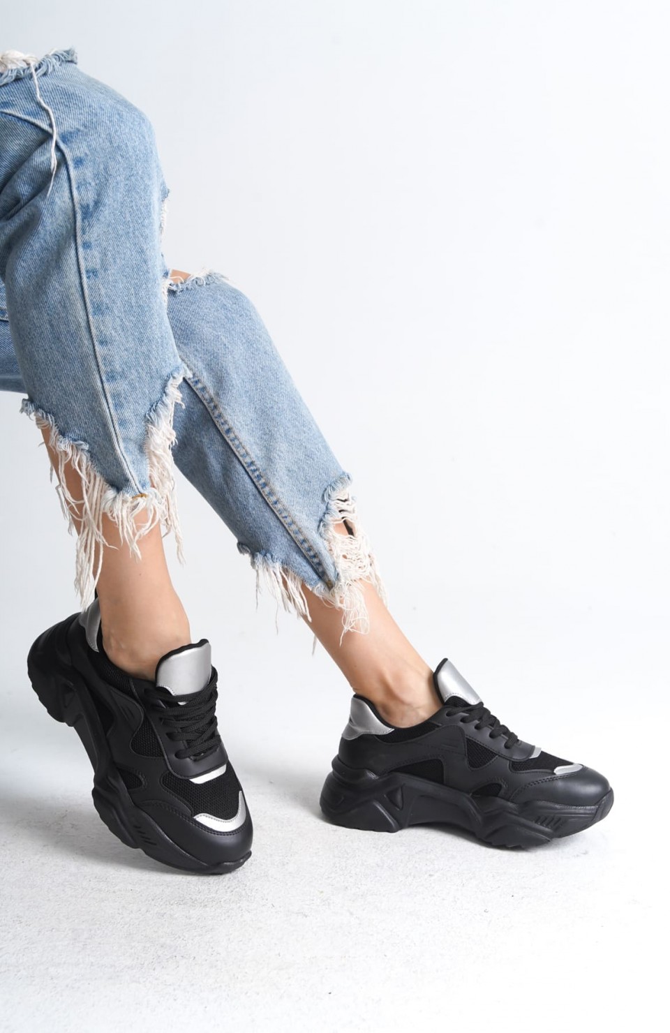 TOKYO Bağcıklı Ortopedik Taban Triko Detaylı Kadın Spor Ayakkabı  TST - Siyah/Gri Somersan Giyim | Kadın, Erkek ve Çocuk Moda