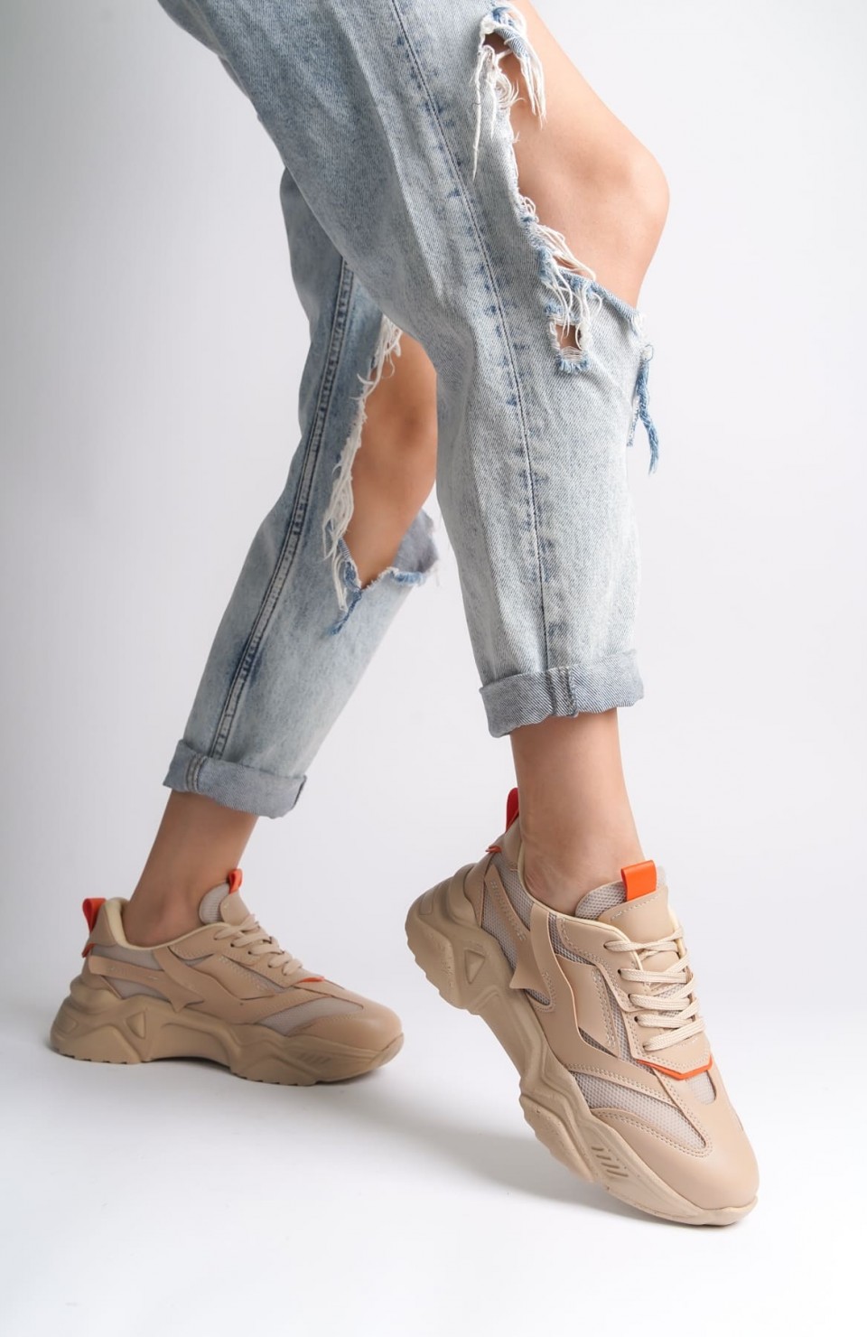 TOKYO Bağcıklı Ortopedik Taban Triko Detaylı Kadın Spor Ayakkabı  TTT - Ten/Turuncu Somersan Giyim | Kadın, Erkek ve Çocuk Moda