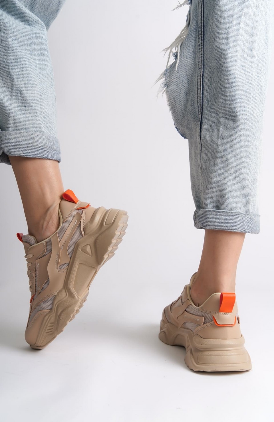 TOKYO Bağcıklı Ortopedik Taban Triko Detaylı Kadın Spor Ayakkabı  TTT - Ten/Turuncu Somersan Giyim | Kadın, Erkek ve Çocuk Moda