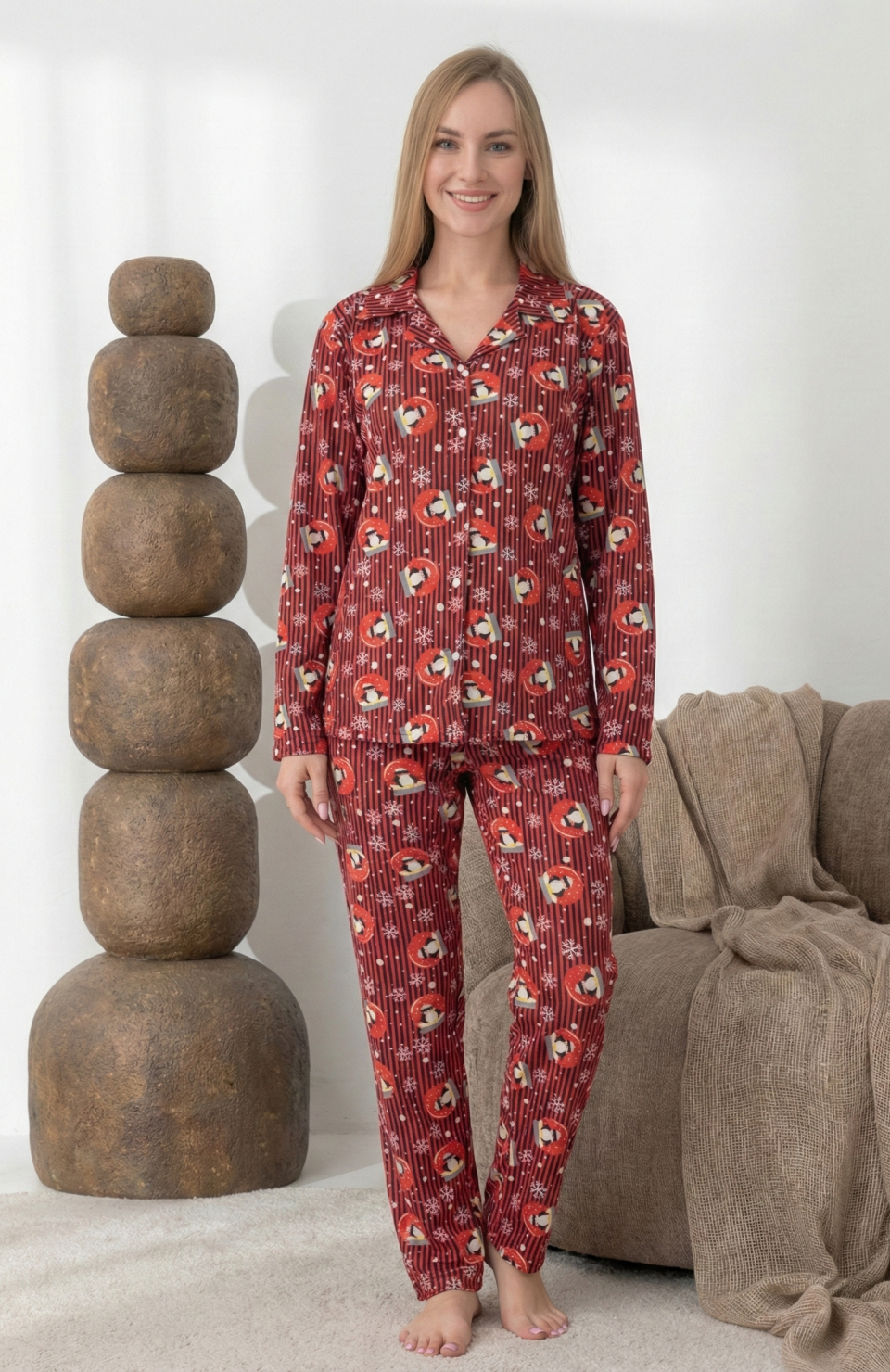 Boyraz 0350 Kadın Süet Patlı Uzun Kol Pijama Takımı