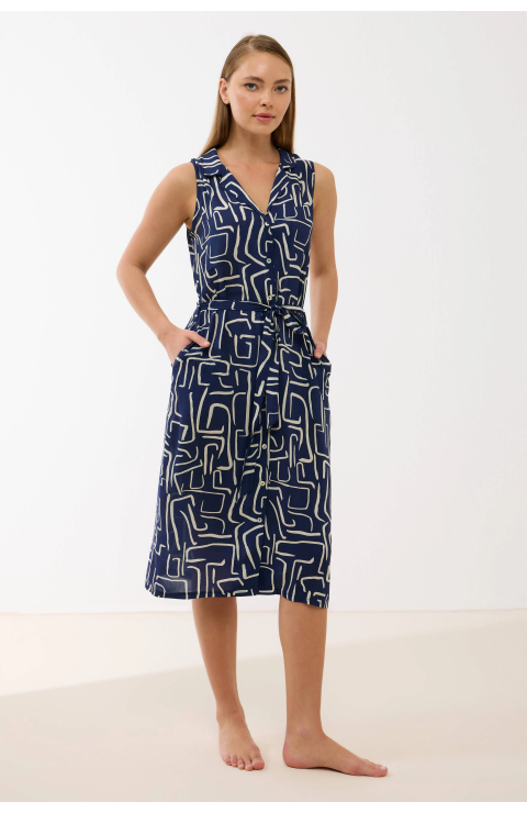 Anıl 11799 Kadın Sıfır Kol Önü Düğmel Desenlii Elbise