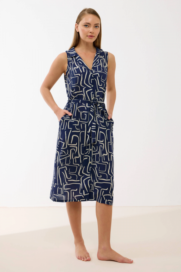 Anıl 11799 Kadın Sıfır Kol Önü Düğmel Desenlii Elbise