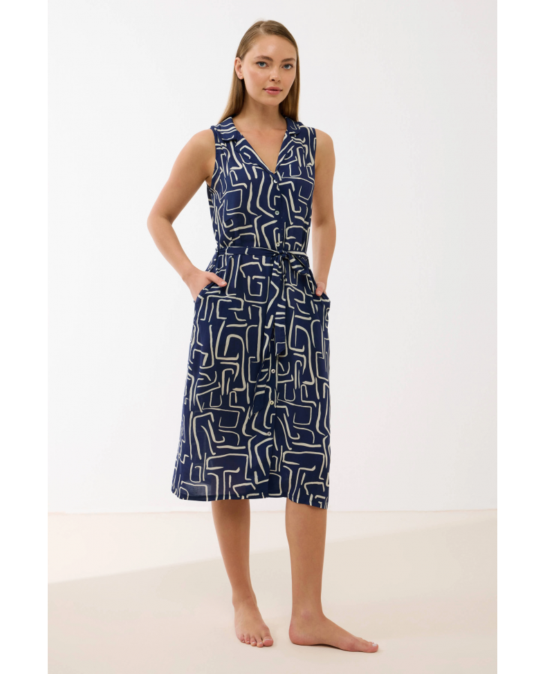 Anıl 11799 Kadın Sıfır Kol Önü Düğmel Desenlii Elbise