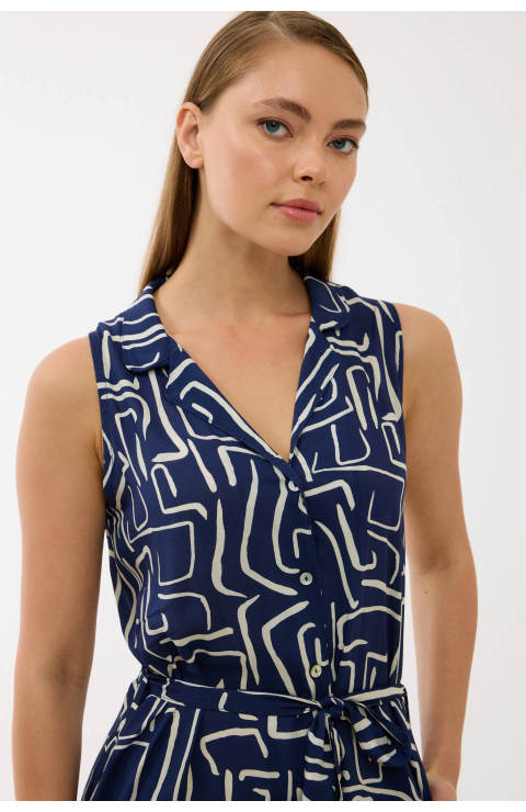 Anıl 11799 Kadın Sıfır Kol Önü Düğmel Desenlii Elbise