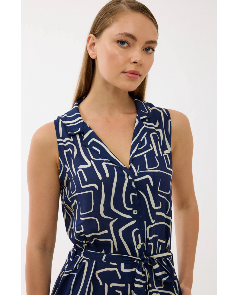 Anıl 11799 Kadın Sıfır Kol Önü Düğmel Desenlii Elbise