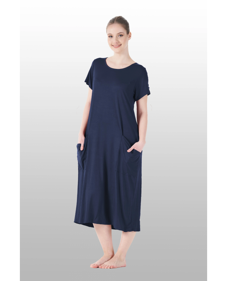 Estiva 25234 Kadın Likra Viskon Kısa Kol Cepli Midi Elbise