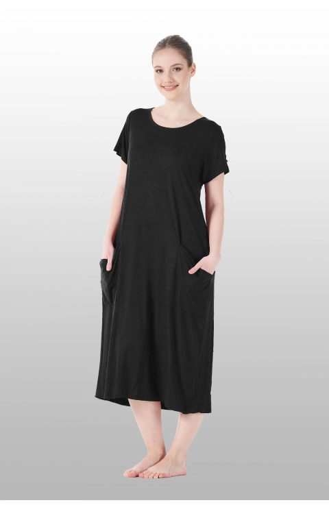 Estiva 25234 Kadın Likra Viskon Kısa Kol Cepli Midi Elbise