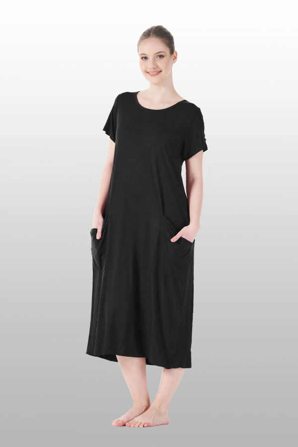 Estiva 25234 Kadın Likra Viskon Kısa Kol Cepli Midi Elbise