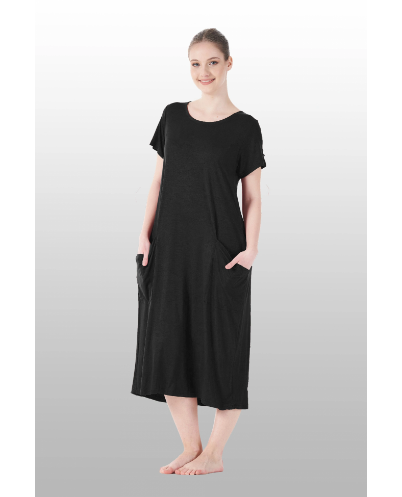 Estiva 25234 Kadın Likra Viskon Kısa Kol Cepli Midi Elbise