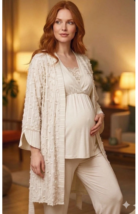 Bone 6209 Kadın 3'lü Dokuma Sabahlıklı Lohusa Pijama Takımı