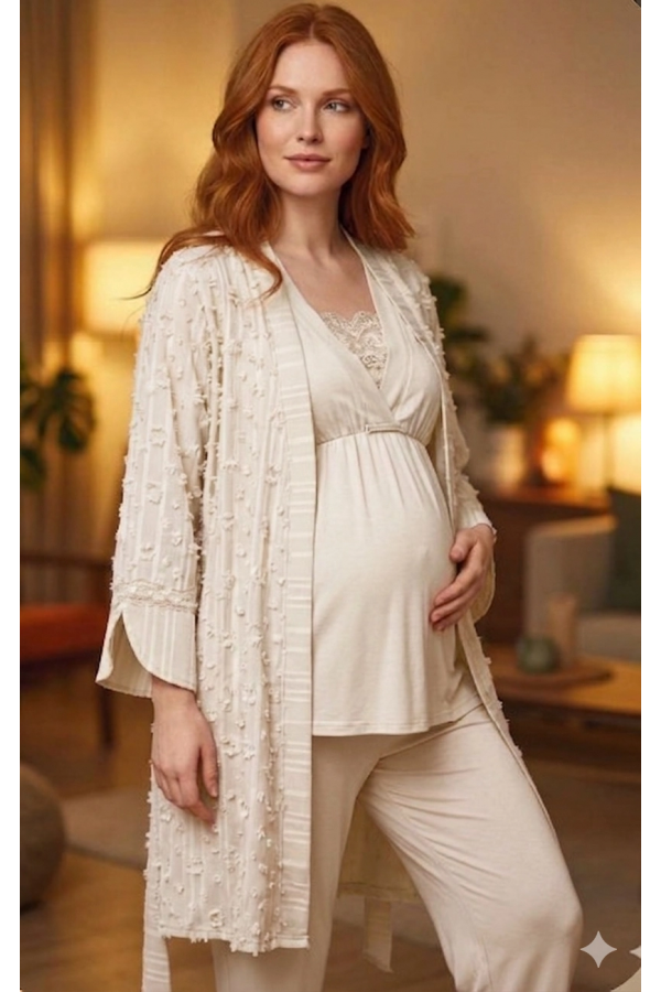 Bone 6209 Kadın 3'lü Dokuma Sabahlıklı Lohusa Pijama Takımı