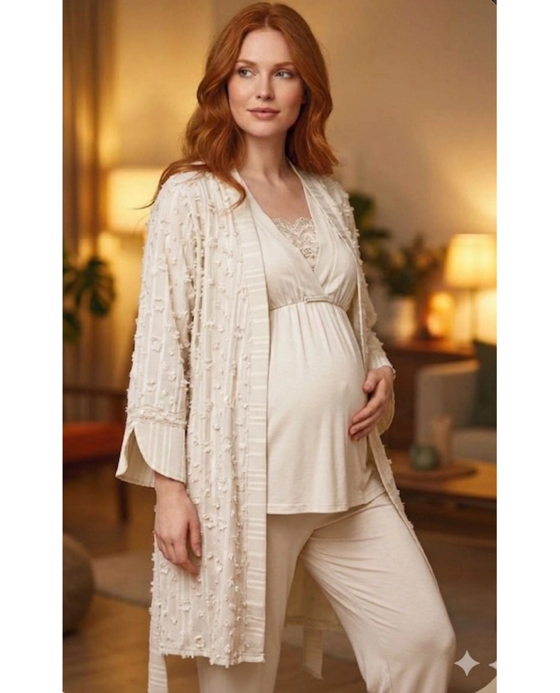 Bone 6209 Kadın 3'lü Dokuma Sabahlıklı Lohusa Pijama Takımı