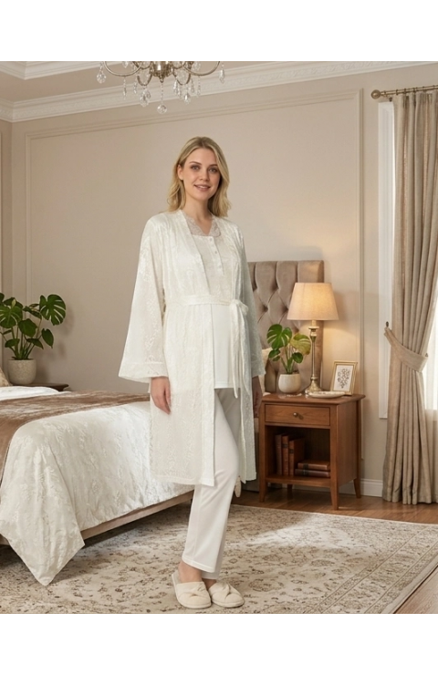 Bone 6201 Kadın Jakar Saten Sabahlıklı Lohusa Pijama Takımı