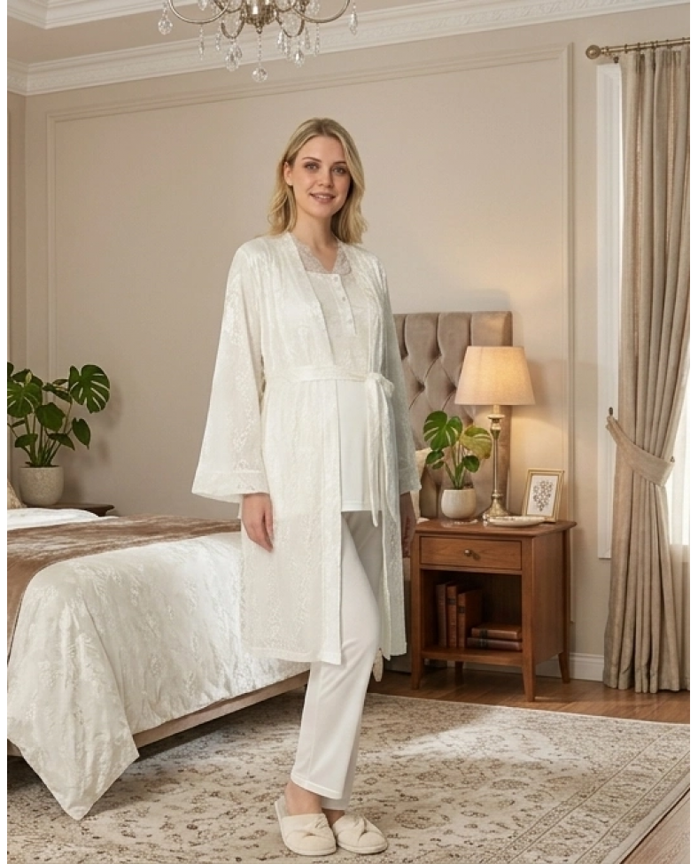 Bone 6201 Kadın Jakar Saten Sabahlıklı Lohusa Pijama Takımı