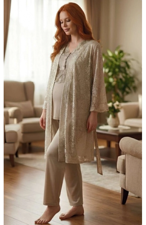 Bone 6201 Kadın Jakar Saten Sabahlıklı Lohusa Pijama Takımı