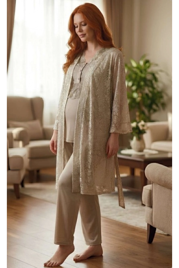 Bone 6201 Kadın Jakar Saten Sabahlıklı Lohusa Pijama Takımı