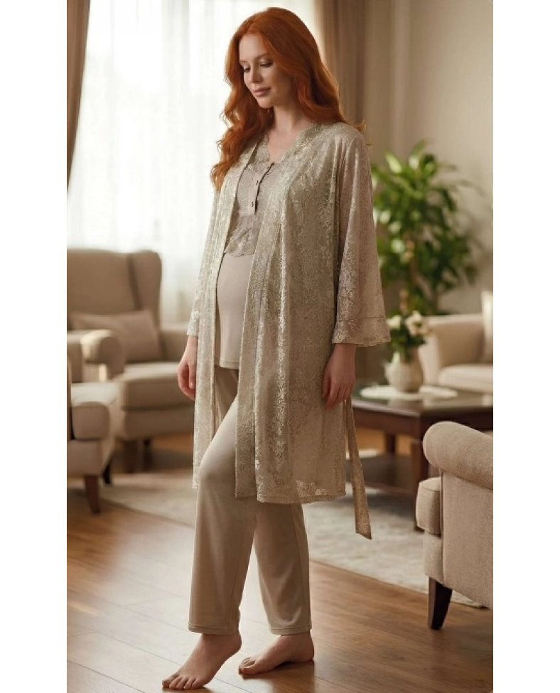 Bone 6201 Kadın Jakar Saten Sabahlıklı Lohusa Pijama Takımı