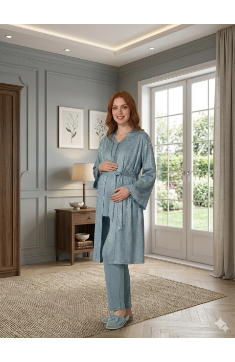 Bone 6201 Kadın Jakar Saten Sabahlıklı Lohusa Pijama Takımı