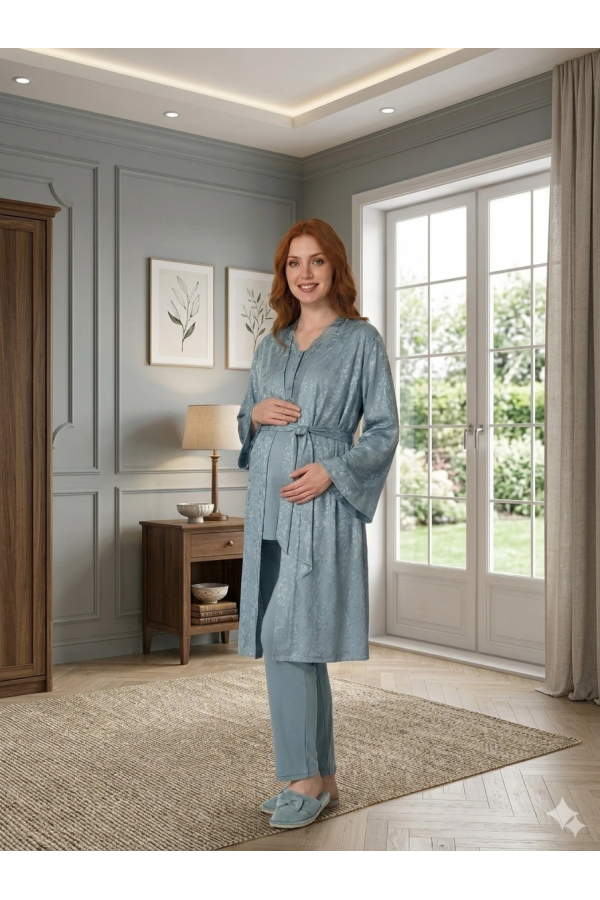 Bone 6201 Kadın Jakar Saten Sabahlıklı Lohusa Pijama Takımı