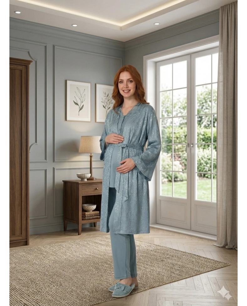 Bone 6201 Kadın Jakar Saten Sabahlıklı Lohusa Pijama Takımı