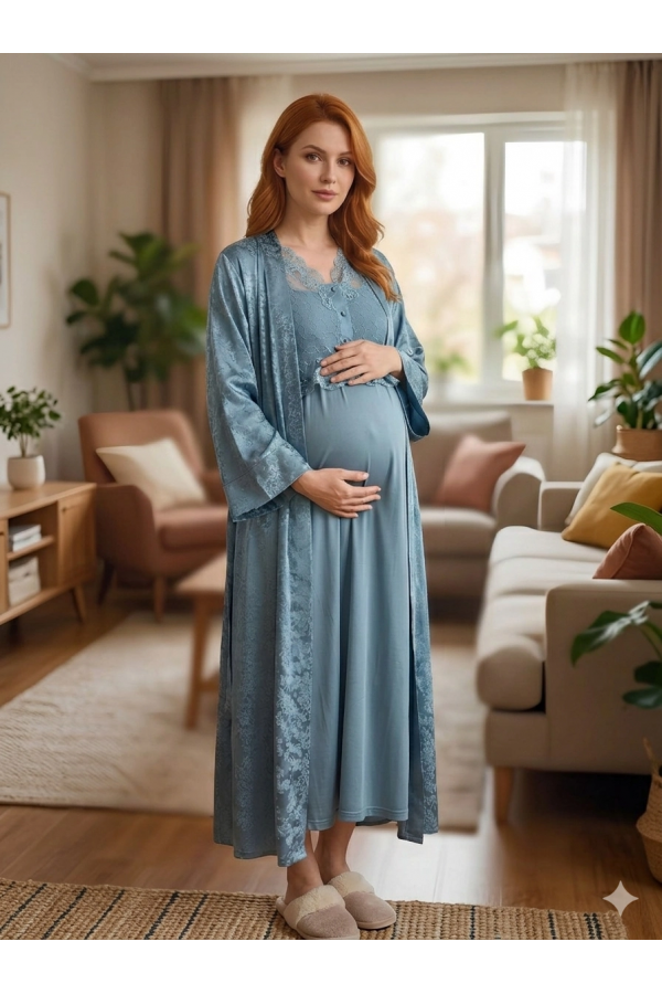 Bone 6202 Kadın Jakar Saten Lohusa Uzun Sabahlıklı Gecelik Takım