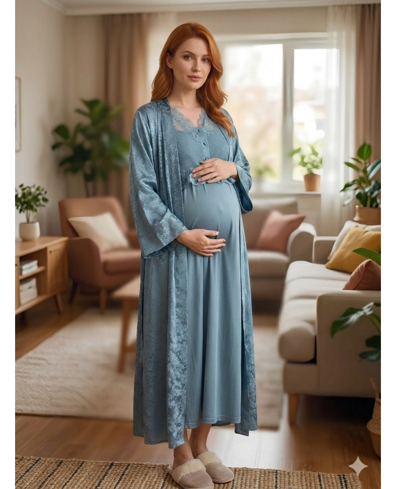 Bone 6202 Kadın Jakar Saten Lohusa Uzun Sabahlıklı Gecelik Takım