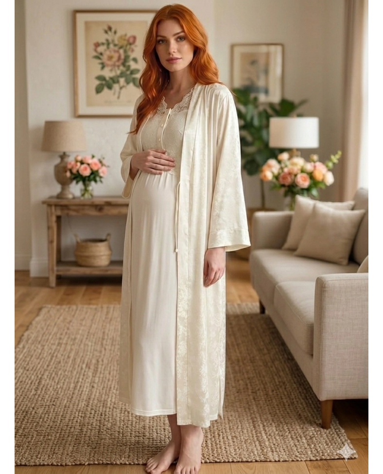 Bone 6202 Kadın Jakar Saten Lohusa Uzun Sabahlıklı Gecelik Takım