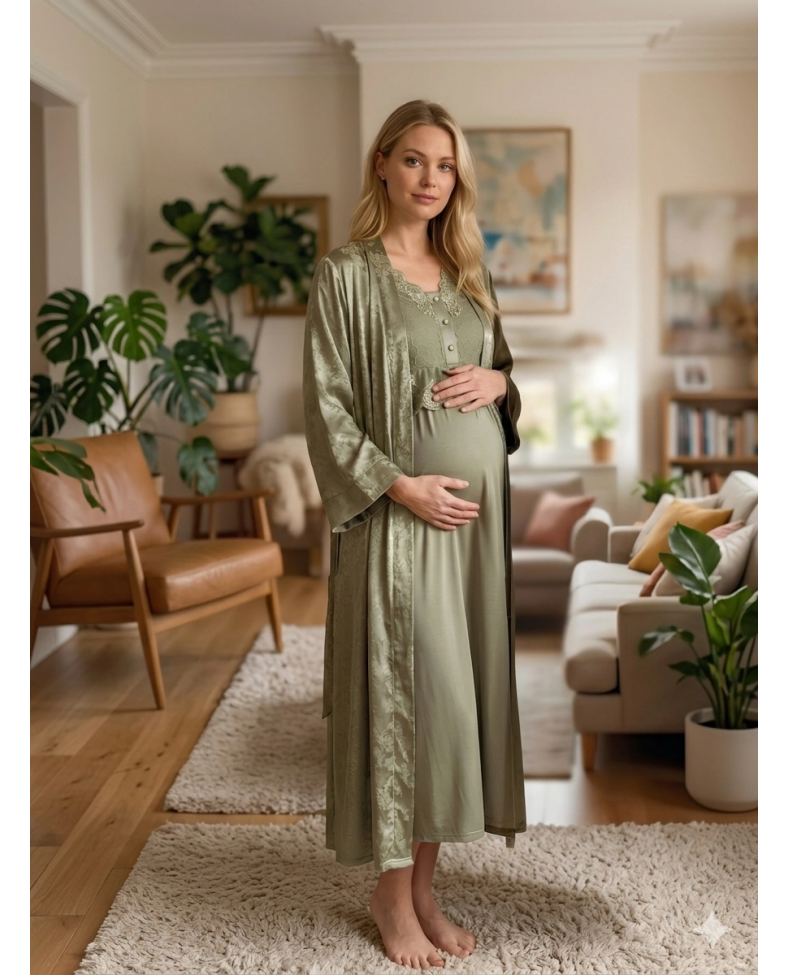 Bone 6202 Kadın Jakar Saten Lohusa Uzun Sabahlıklı Gecelik Takım