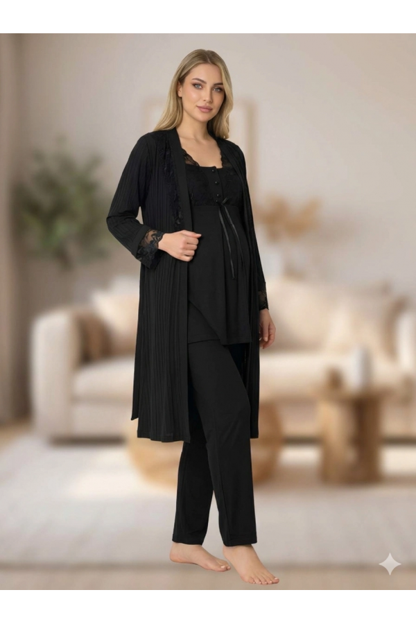 Bone 6205 Kadın 3'lü Jakarlı Sabahlıklı Lohusa Pijama Takımı