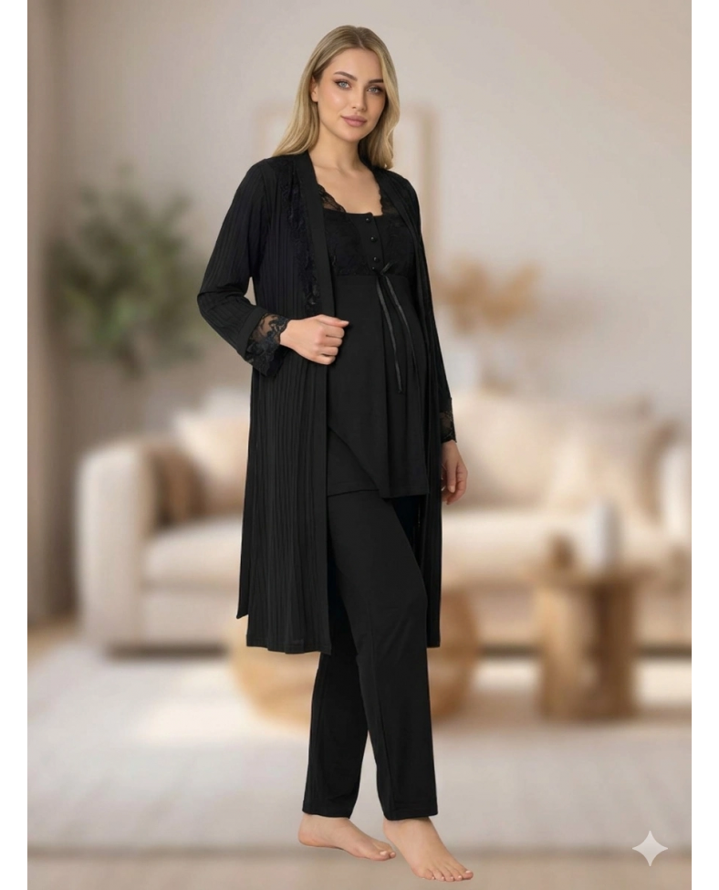 Bone 6205 Kadın 3'lü Jakarlı Sabahlıklı Lohusa Pijama Takımı