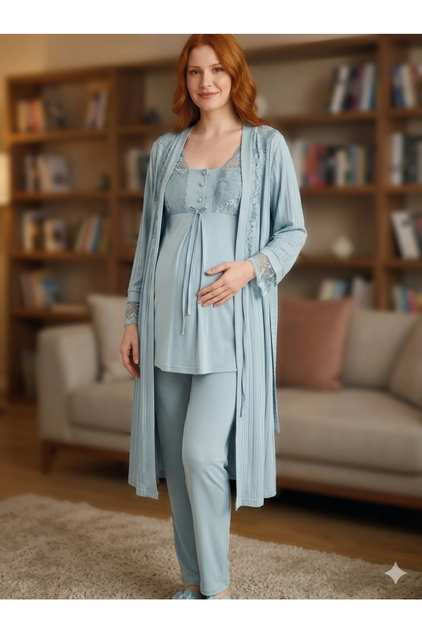 Bone 6205 Kadın 3'lü Jakarlı Sabahlıklı Lohusa Pijama Takımı