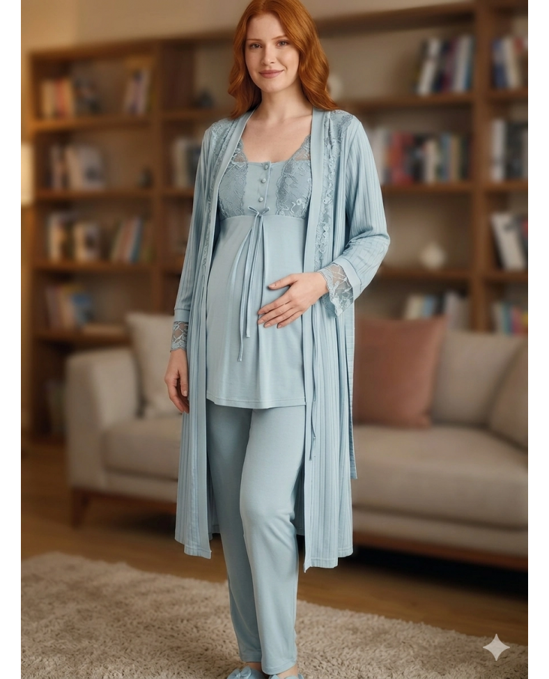 Bone 6205 Kadın 3'lü Jakarlı Sabahlıklı Lohusa Pijama Takımı