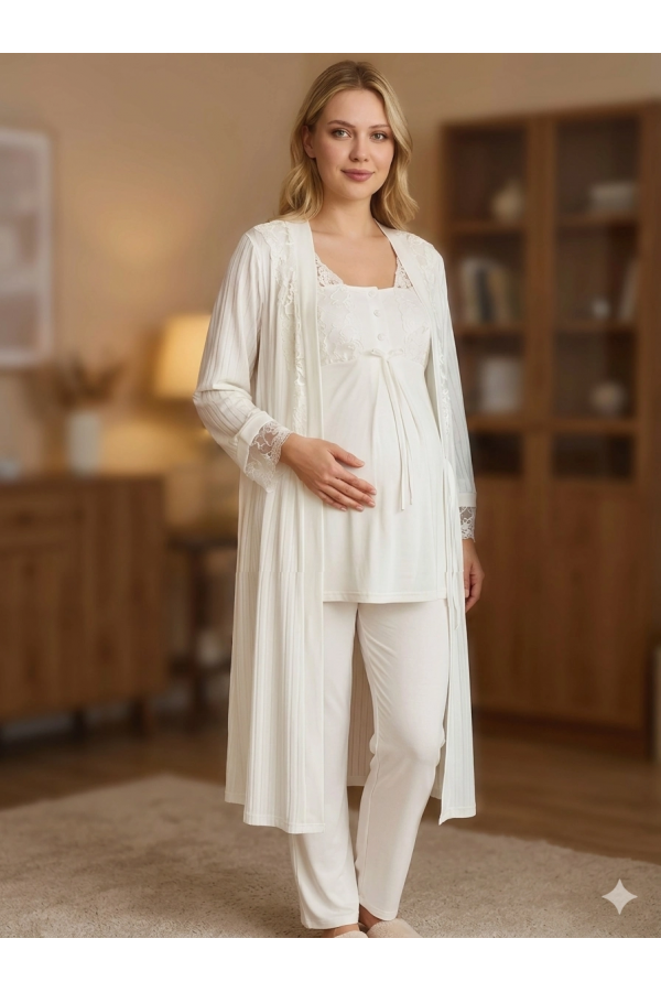 Bone 6205 Kadın 3'lü Jakarlı Sabahlıklı Lohusa Pijama Takımı