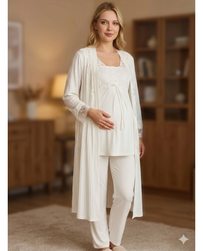 Bone 6205 Kadın 3'lü Jakarlı Sabahlıklı Lohusa Pijama Takımı