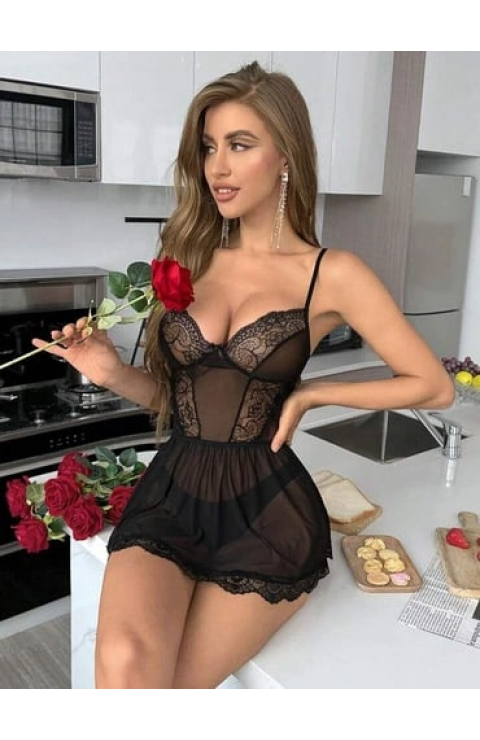 Nightlight 7067 Kadın Tül Dantelli Kısa Gecelik