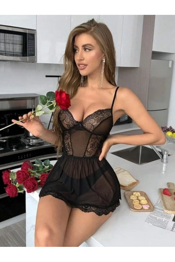 Nightlight 7067 Kadın Tül Dantelli Kısa Gecelik