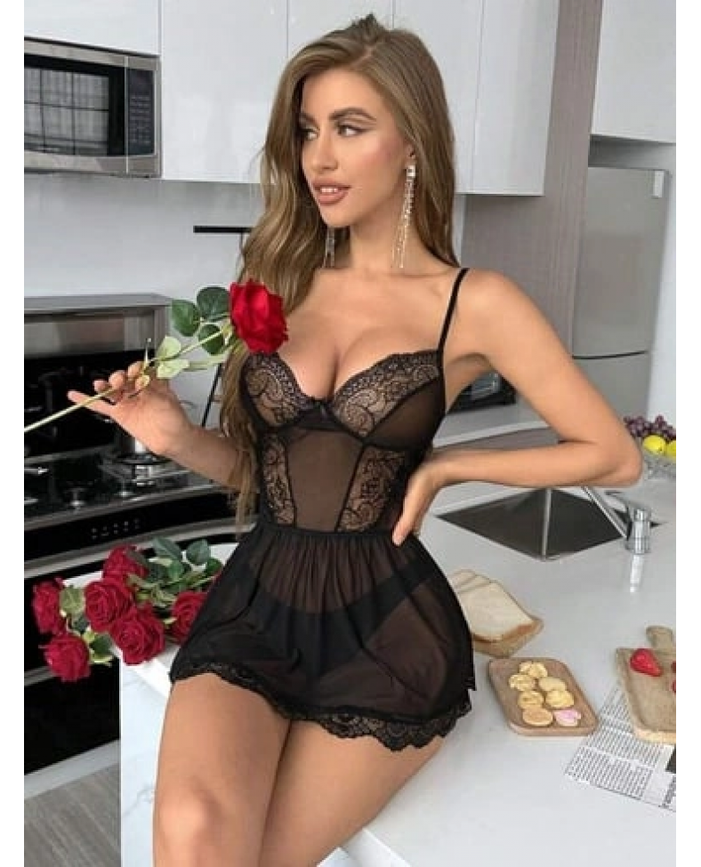 Nightlight 7067 Kadın Tül Dantelli Kısa Gecelik