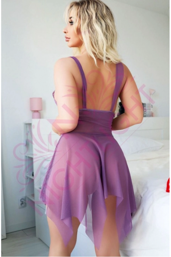 Nightlight 3638-1 Dantel Detay Tül  Derin Yırtmaçlı Gecelik