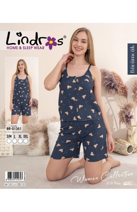 Lindros BR-01351 Kadın İp ASkılı Bürümcük Düğmeli Şort Takım