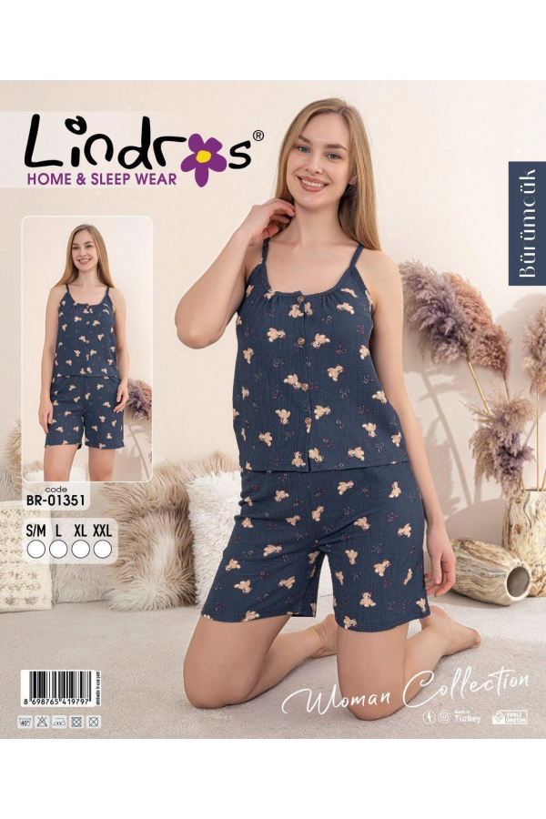 Lindros BR-01351 Kadın İp ASkılı Bürümcük Düğmeli Şort Takım