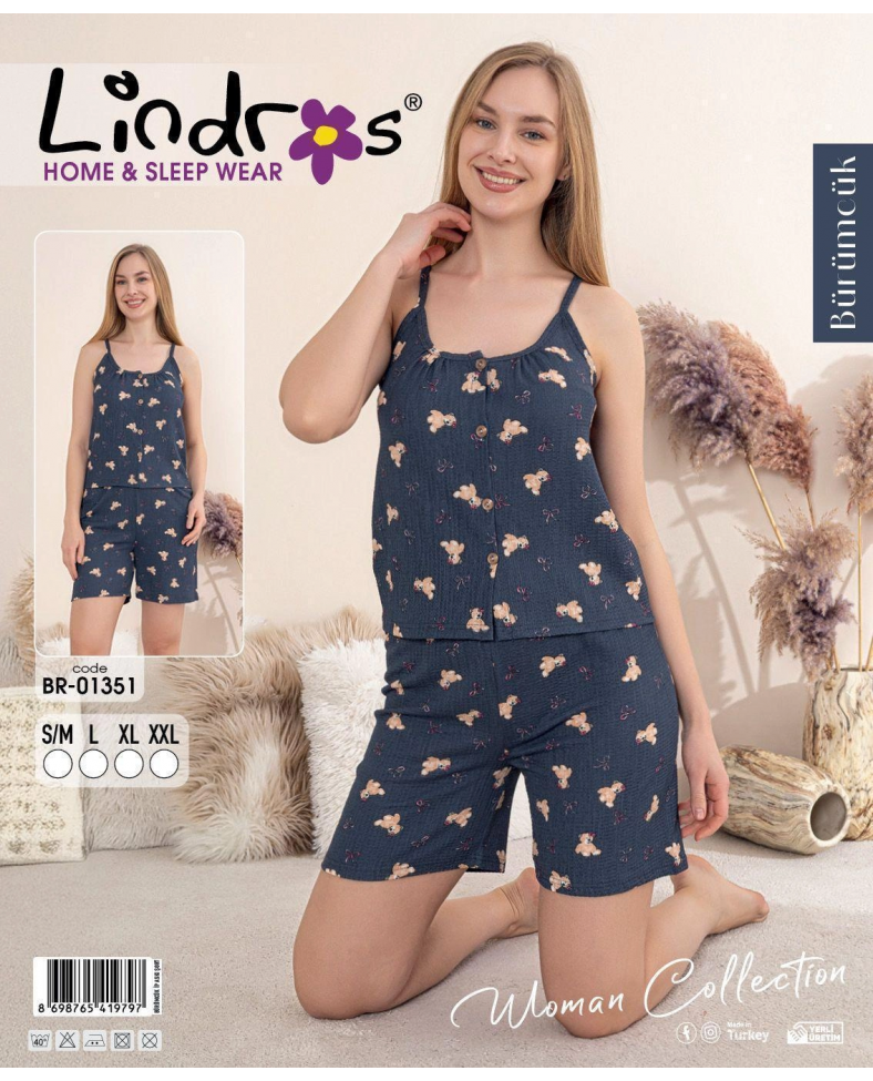 Lindros BR-01351 Kadın İp ASkılı Bürümcük Düğmeli Şort Takım