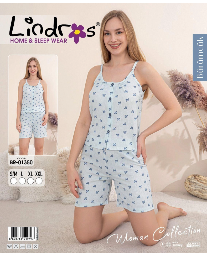 Lindros BR-01350 Kadın İp ASkılı Bürümcük Düğmeli Şort Takım