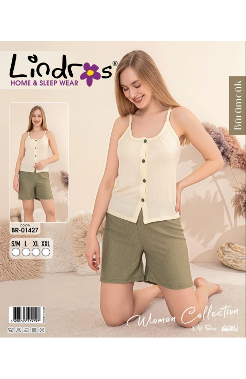 Lindros BR-01427 Kadın İp ASkılı Bürümcük Düğmeli Şort Takım