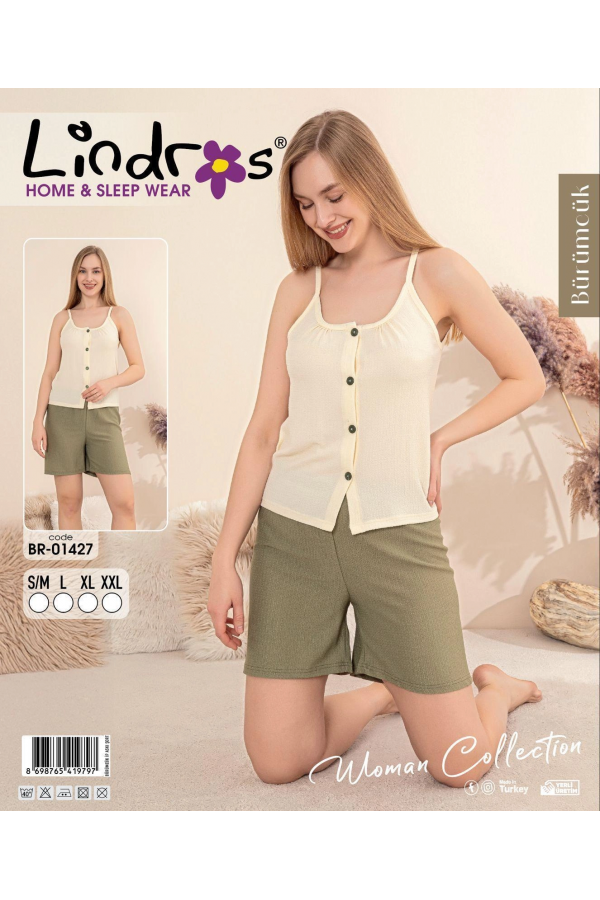 Lindros BR-01427 Kadın İp ASkılı Bürümcük Düğmeli Şort Takım