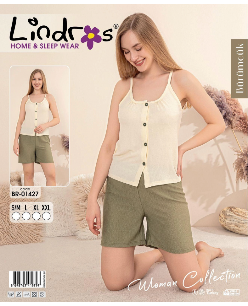 Lindros BR-01427 Kadın İp ASkılı Bürümcük Düğmeli Şort Takım