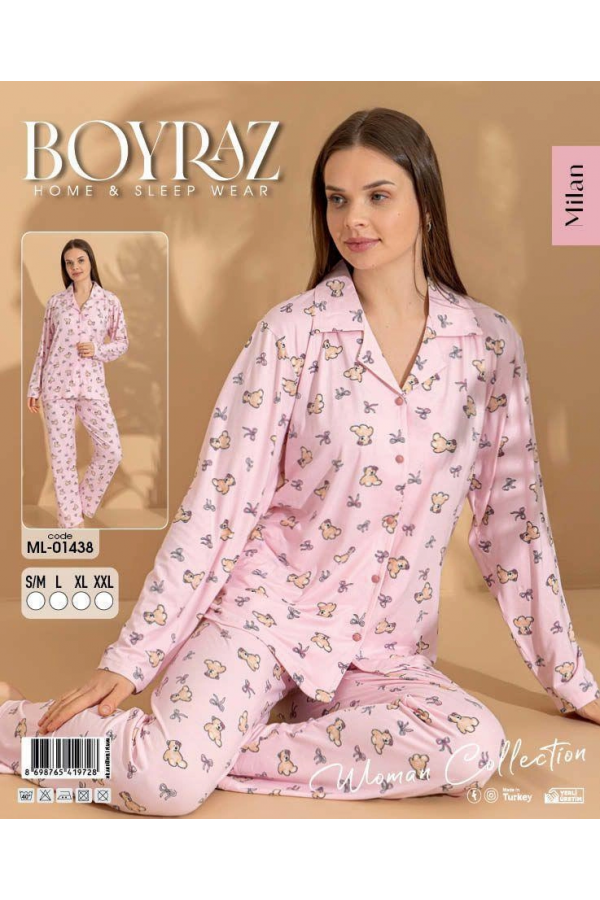Boyraz ML-01438 Kadın Uzun Kol Boydan Düğmeli Pijama Takımı
