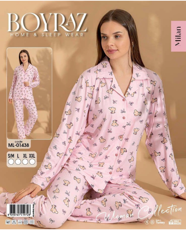 Boyraz ML-01438 Kadın Uzun Kol Boydan Düğmeli Pijama Takımı