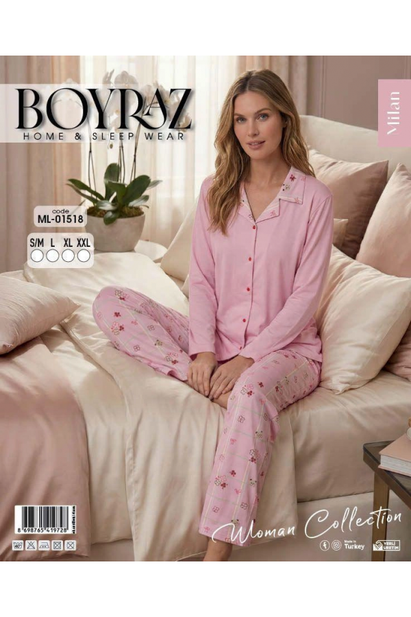 Boyraz ML-01518 Kadın Uzun Kol Boydan Düğmeli Pijama Takımı