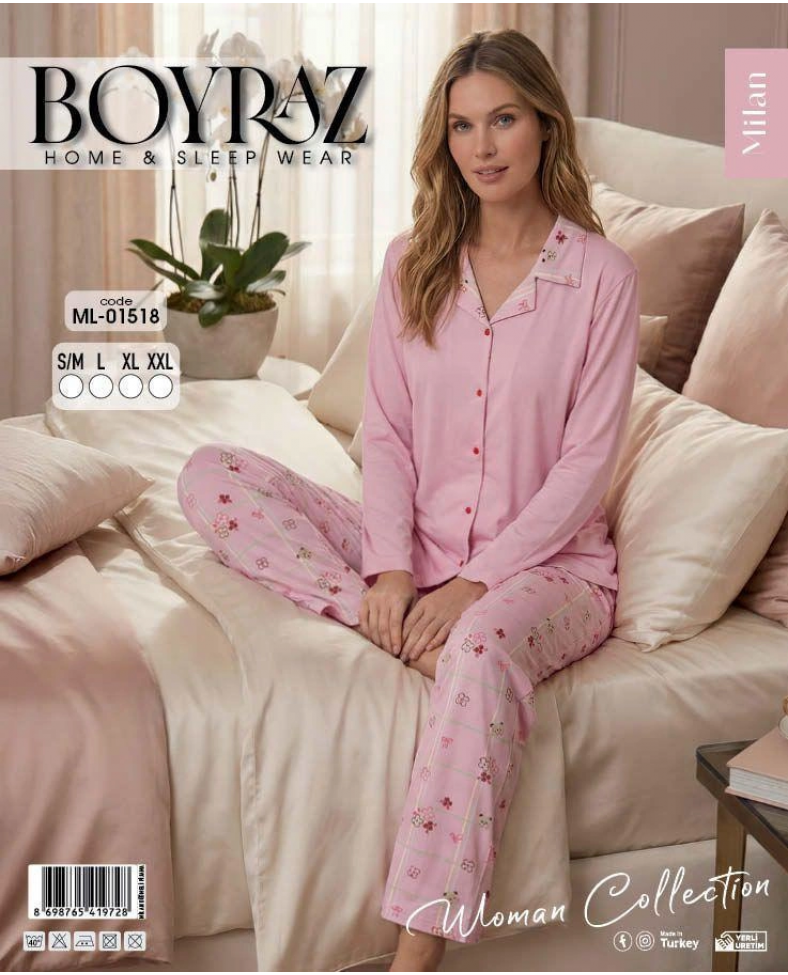 Boyraz ML-01518 Kadın Uzun Kol Boydan Düğmeli Pijama Takımı