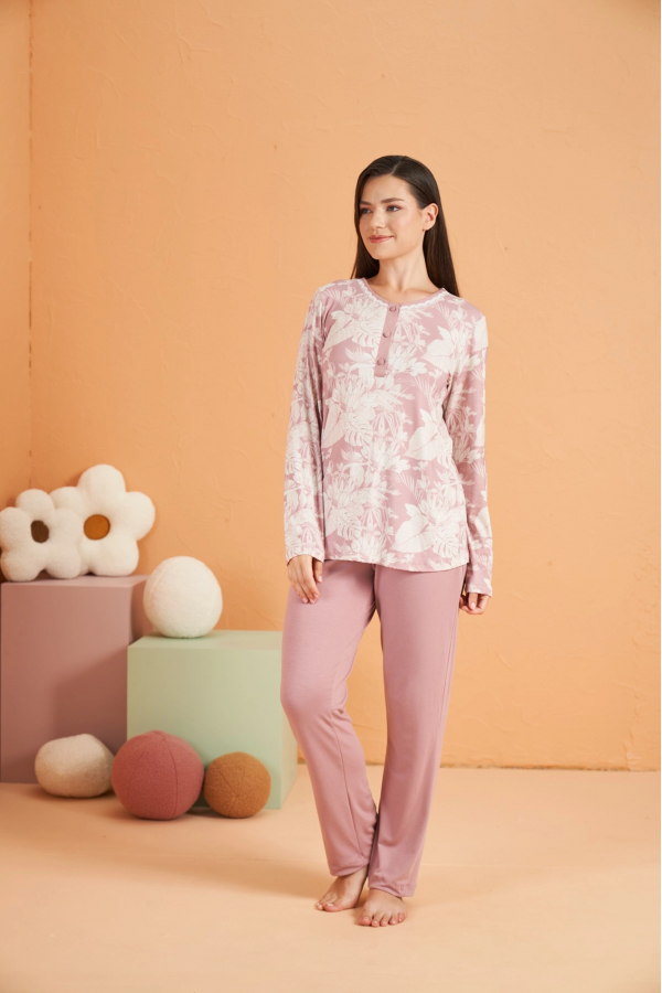 PJS 28016 Kadın Uzun Kol Yarı Patlı Desenli Pijama Takım